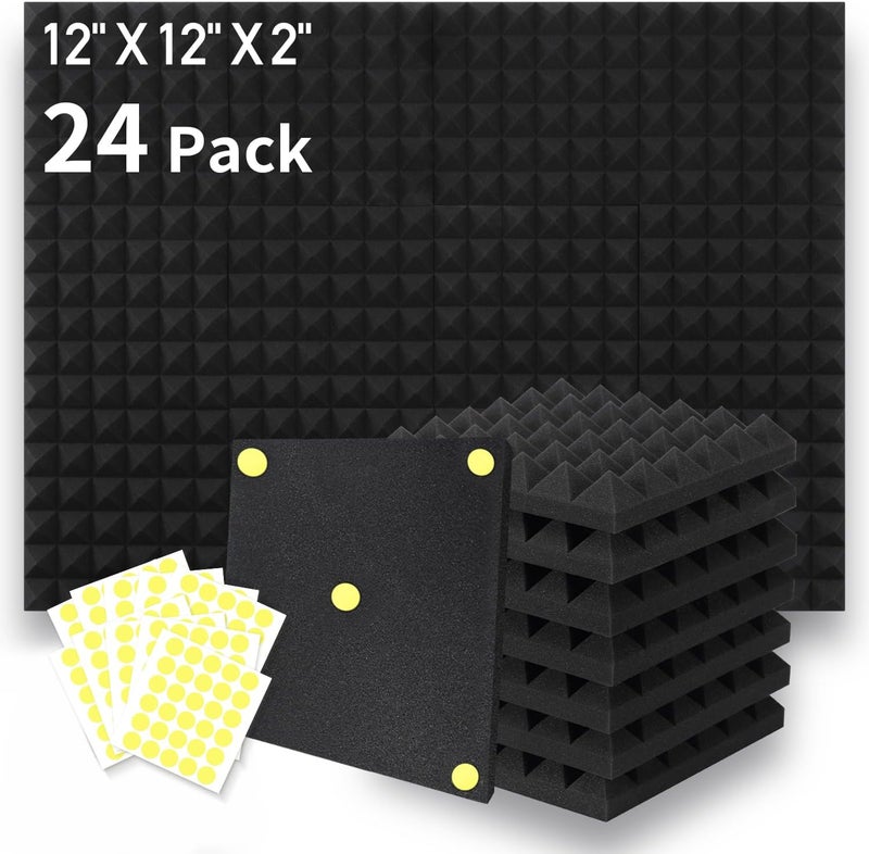 Focusound 24 Packs Acoustic Foam Panels Pyramid 2" X 12" X 12", Soundproofing Foam Noise Cancelling Foam with 120 PCS Double-Side adhesive - Image 1